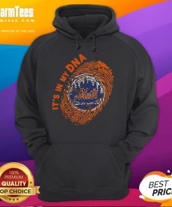 Top New York Mets 'It's In My DNA' hoodie displayed on a hanger, featuring team colors and logo, perfect for fans.