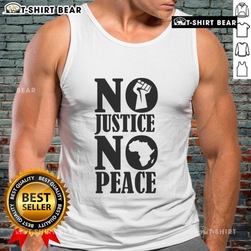 Fashionable 'No Justice No Peace Africa' tank top featuring bold graphics, perfect for activism and casual wear.