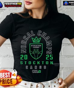 Alt Text: Top Norcal Champs 2025 Stockton Cargo logo on a stylish ladies tee shirt, perfect for team spirit and events.