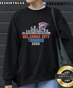 Alt Text: 2025 Western Conference Champions sweatshirt featuring the Oklahoma City Thunder skyline and team name design.