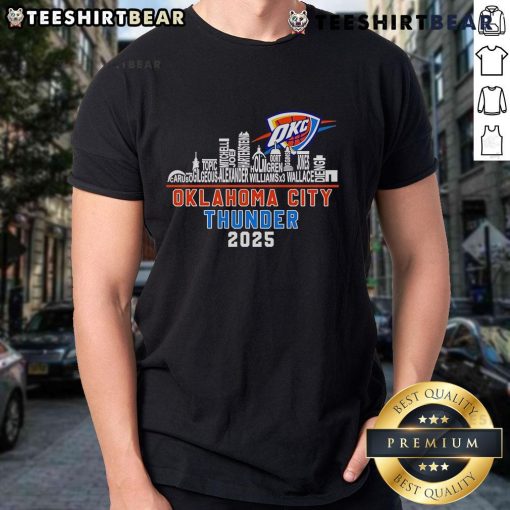 Alt Text: Top Oklahoma City Thunder Skyline Name T-Shirt for 2025 Western Conference Champions, featuring vibrant cityscape design.