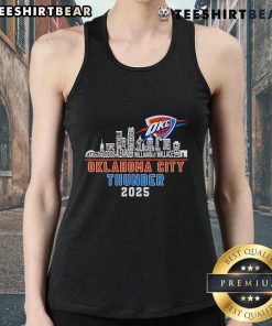 Alt Text: Top Oklahoma City Thunder skyline tank top celebrating 2025 Western Conference Champions with vibrant city design.