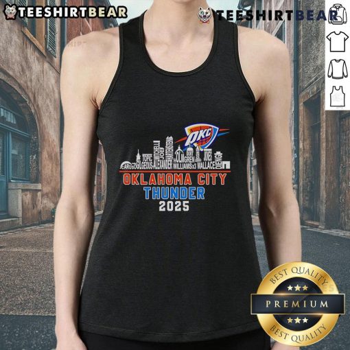 Alt Text: Top Oklahoma City Thunder skyline tank top celebrating 2025 Western Conference Champions with vibrant city design.