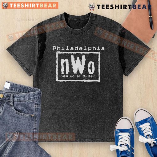 Top Philadelphia nWo New World Order washed t-shirt with vintage design and soft fabric, perfect for wrestling fans.