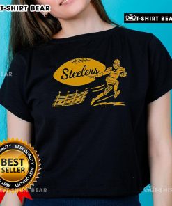 Alt Text: Vintage ladies' tee showcasing the top Pittsburgh Steelers football score, perfect for fans and collectors.