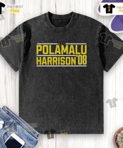 Alt Text: Top Pittsburgh Steelers Polamalu Harrison 08 washed t-shirt featuring bold team colors and iconic player graphics.