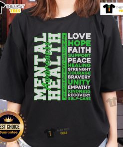Classic ladies tee featuring top positive green words promoting mental health awareness and positivity.