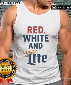 Alt Text: Stylish red and white tank top featuring Miller Lite logo, perfect for 4th of July celebrations and summer festivities.
