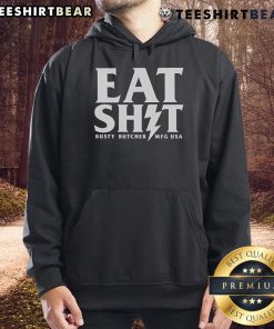 Alt Text: Top Rusty Butcher Eat Shit MFG USA Bolt Hoodie displayed on a hanger, showcasing its unique design and quality fabric.