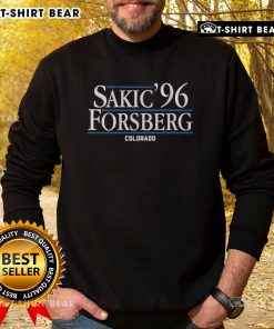 Top Sakic Forsberg 96 Colorado sweatshirt featuring classic team colors and iconic player graphics for hockey fans.