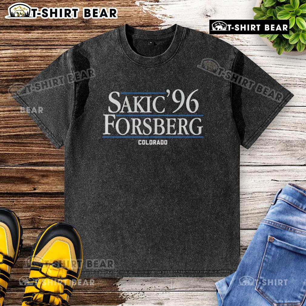 Top Sakic Forsberg '96 Colorado Washed T Shirt Vintage Colorado Avalanche washed t-shirt featuring Sakic and Forsberg graphics from the 1996 season.