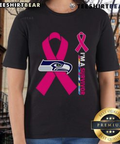 Alt Text: Top Seattle Seahawks X Cancer Awareness 'I'm A Survivor' Ladies Tee showcasing team spirit and support for cancer survivors.