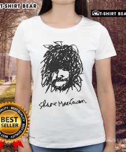 Self-portrait of Shane MacGowan on a ladies tee, showcasing artistic style and iconic musician's essence.