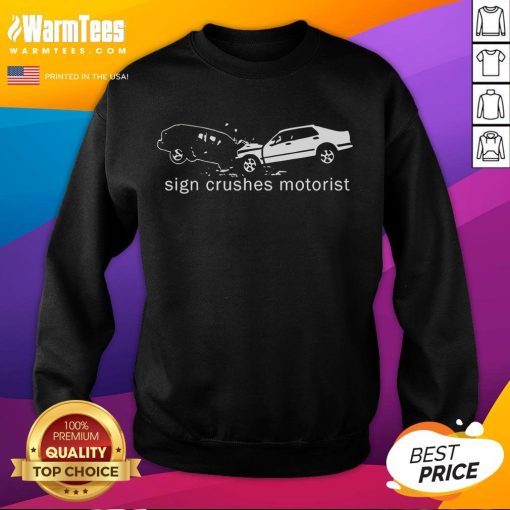 Top sign crushes motorist inside an 'Out Sweatshirt' in a dramatic urban scene highlighting road safety issues.