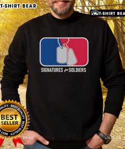 Top Signatures for Soldiers Dog Tags Sweatshirt featuring military-inspired designs and patriotic colors.