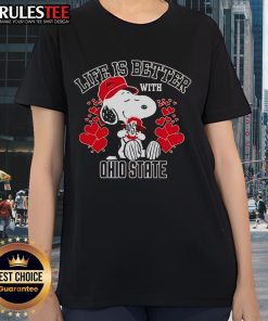 Top Snoopy Life Is Better with Ohio State Buckeyes Ladies Tee in red, perfect for Buckeyes fans and casual wear.
