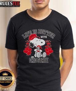 Top Snoopy Life Is Better With Ohio State Buckeyes T-Shirt featuring Snoopy and Buckeyes logo in vibrant colors.