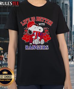 Alt Text: Top Snoopy Life Is Better With Rangers Ladies Tee featuring a playful Snoopy graphic in vibrant colors.