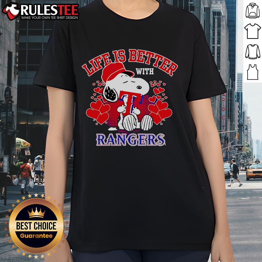 Top Snoopy Life Is Better With Rangers Ladies Tee Alt Text: Top Snoopy Life Is Better With Rangers Ladies Tee featuring a playful Snoopy graphic in vibrant colors.