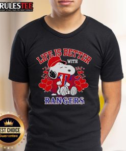 Alt Text: Top Snoopy Life Is Better With Rangers T-Shirt featuring Snoopy and Rangers logo in vibrant colors.