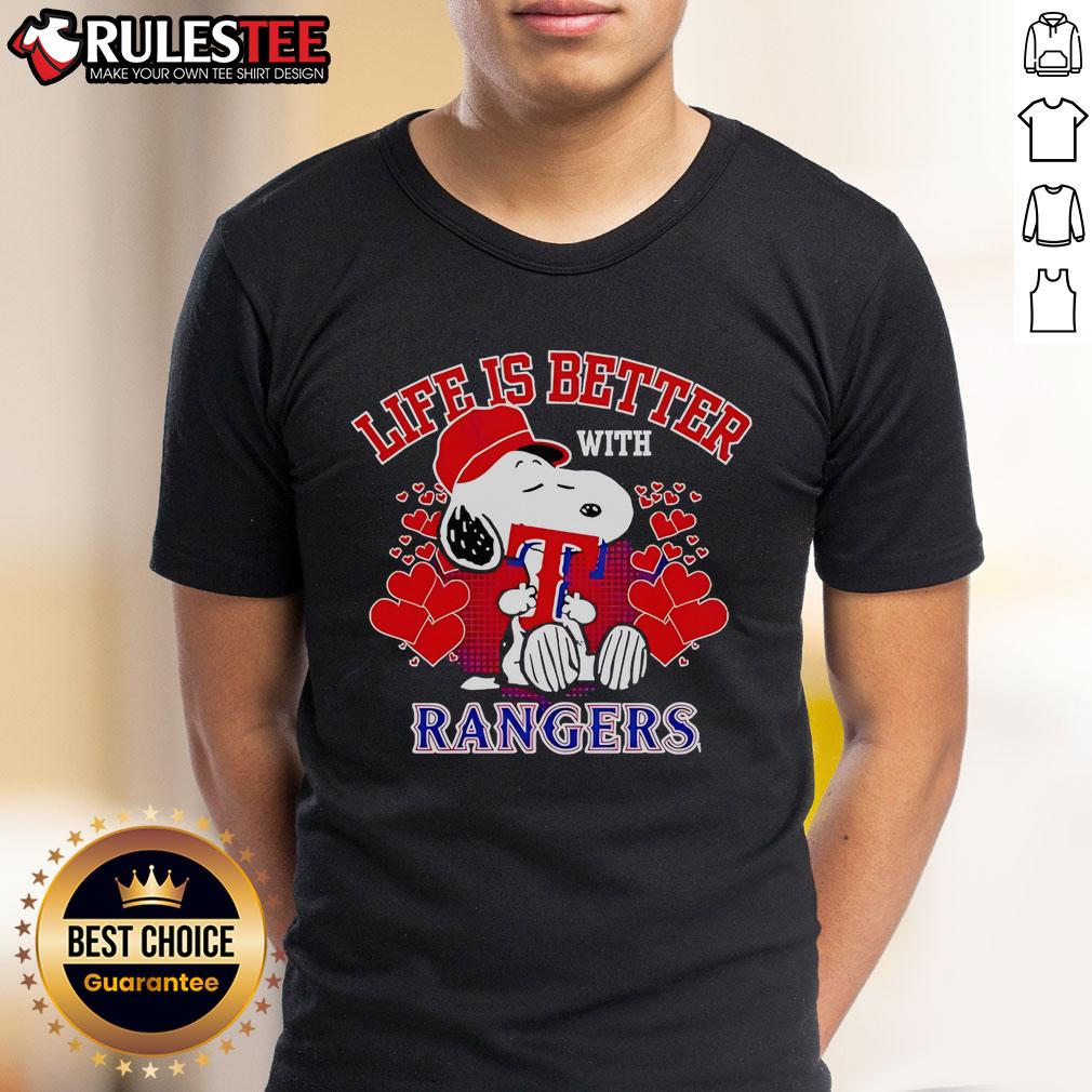 Top Snoopy Life Is Better With Rangers T Shirt Alt Text: Top Snoopy Life Is Better With Rangers T-Shirt featuring Snoopy and Rangers logo in vibrant colors.