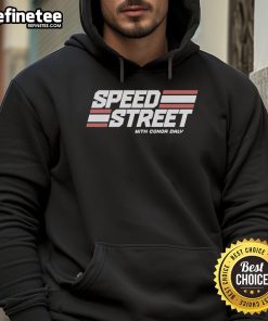 Conor Daly wearing a Top Speed Street hoodie, showcasing vibrant design and racing spirit in a dynamic urban setting.