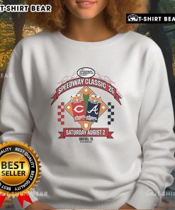 Top Speedway Classic 2025 MLB Reds vs Braves Game Day sweatshirt featuring team logos and vibrant colors.