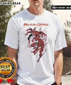 Top Spiderman and Venom Maximum Carnage T-Shirt featuring vibrant artwork of Spiderman and Venom in action.