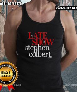 Stephen Colbert wearing a humorous tank top on The Late Show, showcasing his signature comedic style and personality.