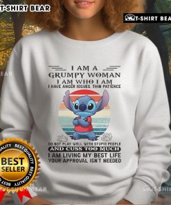 Grumpy woman wearing 'I Am Grumpy' sweatshirt, showcasing humor about anger issues and personality.