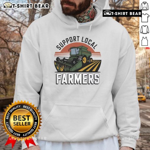 Top Support Local Farmers hoodie featuring a tractor design, perfect for agriculture enthusiasts and eco-conscious shoppers.