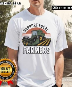 Tractor T-shirt featuring 'Support Local Farmers' slogan, perfect for agriculture enthusiasts and eco-friendly advocates.
