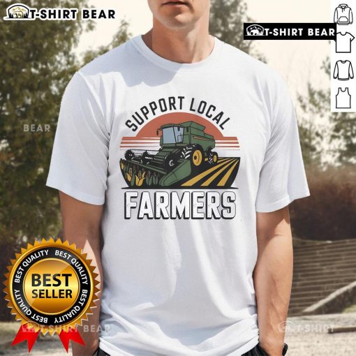 Tractor T-shirt featuring 'Support Local Farmers' slogan, perfect for agriculture enthusiasts and eco-friendly advocates.