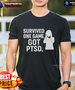 Top Survived One Game Got PTSD T-Shirt featuring a bold graphic and text, perfect for mental health awareness.