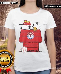 Alt Text: Top Texas Rangers Snoopy Woodstock House Ladies Tee featuring vibrant graphics and a comfortable fit for fans.