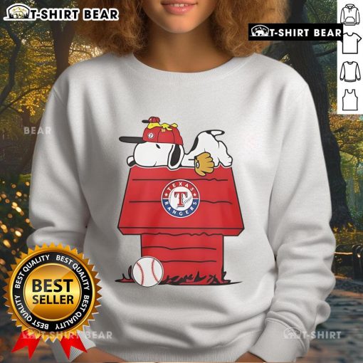 Cozy Top Texas Rangers Snoopy Woodstock house sweatshirt featuring vibrant graphics, perfect for fans and casual wear.
