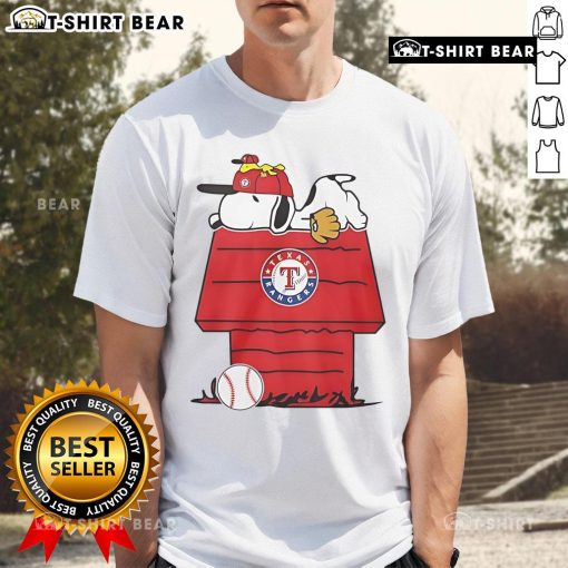 Top Texas Rangers Snoopy Woodstock House T-Shirt featuring vibrant graphics of Snoopy and Woodstock in Rangers gear.