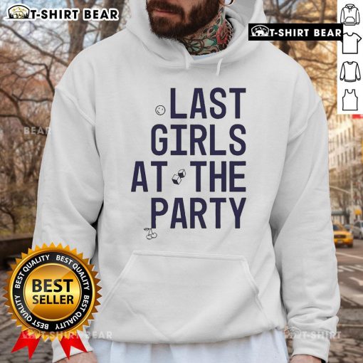 Alt Text: Group of girls wearing 'Top The Beaches Last Girls At The Party Hoodie' enjoying a beach party at sunset.