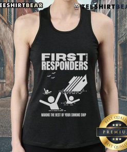 Alt Text: Top of The Mary Jo Pehl Show First Opinion Responders tank top featuring a vibrant design and bold logo.