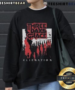 Top Three Days Grace Alienation 2025 Tour Sweatshirt featuring band logo and tour details, perfect for fans of rock music.