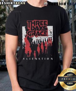 Top Three Days Grace Alienation 2025 Tour T-Shirt featuring bold graphics and tour dates for fans of the band.