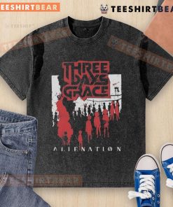 Top Three Days Grace Alienation 2025 Tour washed t-shirt featuring iconic band logo and tour dates.