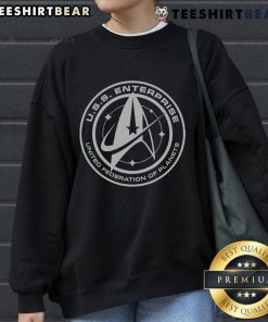 Cozy Top U.S.S. Enterprise United Federation of Planets sweatshirt featuring iconic starship design for Star Trek fans.