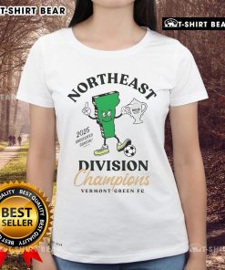 Top Vermont Green FC 2025 Northeast Division Champions ladies tee featuring team logo and vibrant design.