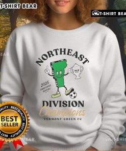 Alt Text: Top Vermont Green FC 2025 Northeast Division Champions sweatshirt featuring team logo and stylish design.