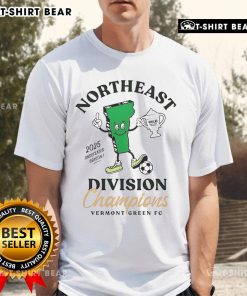 Alt Text: Top Vermont Green FC 2025 Northeast Division Champions T-Shirt featuring team logo and championship design.