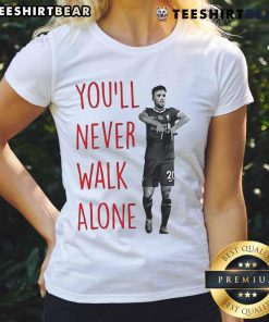 Diogo Jota ladies tee featuring 'You'll Never Walk Alone' slogan, perfect for Liverpool FC fans and stylish game day attire.