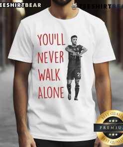 Diogo Jota 'You'll Never Walk Alone' t-shirt design featuring vibrant graphics, perfect for Liverpool FC fans.
