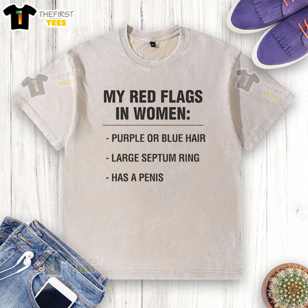 Nice My Red Flags In Women Purple Or Blue Hair Large Septum Ring Has A Penis Washed T-Shirt