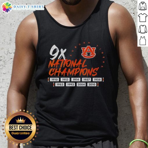 Top Nine Time National Champions Auburn Tigers football logo tank top featuring vibrant team colors and iconic design.